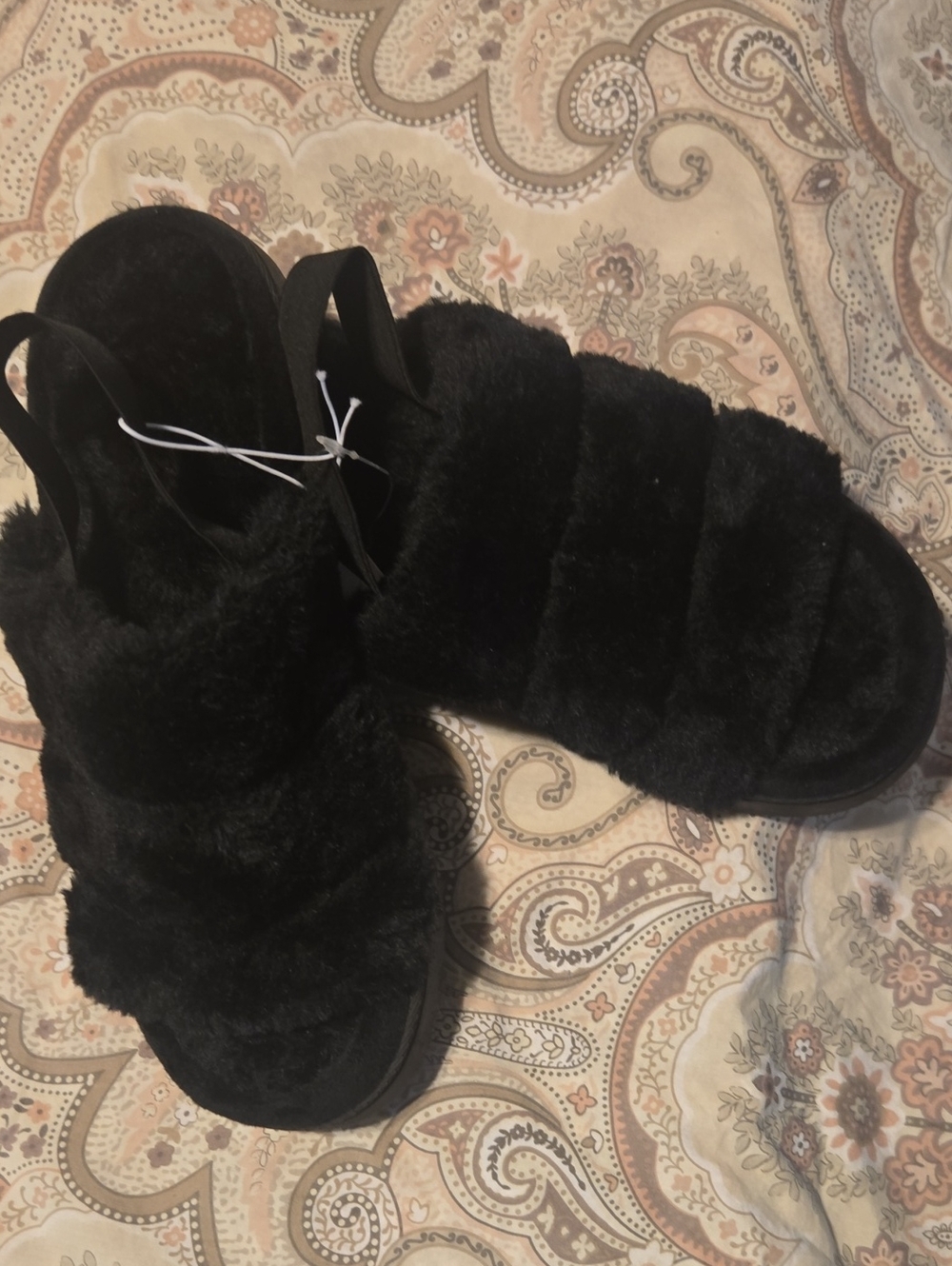 Kohl's Women's Black Plush Fuzzy Slide Sandals with Back Strap